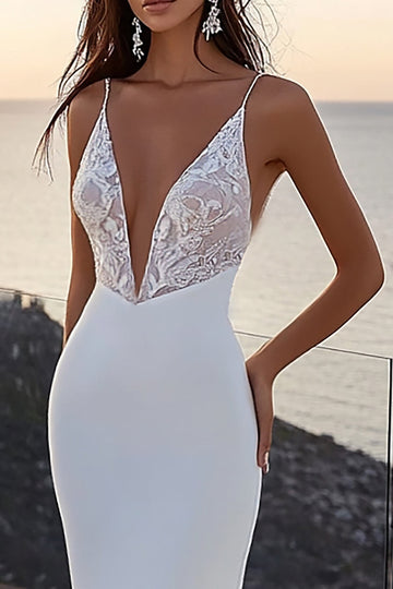 Spaghetti Straps Sirène Robe de mariée en dentelle satin ivoire
